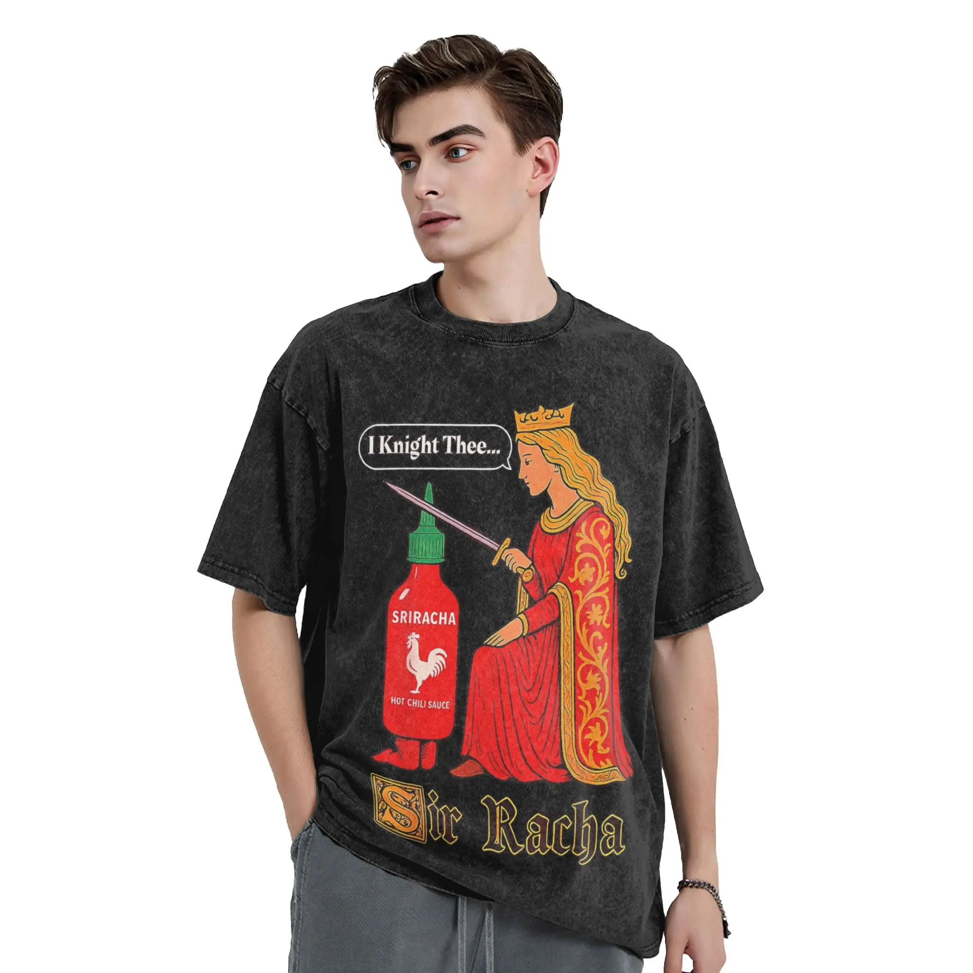 Camisetas con estampado de Sriracha, la salsa picante medieval, estilo Hip Hop, con efecto lavado, para hombre y mujer, camisetas gráficas de moda urbana