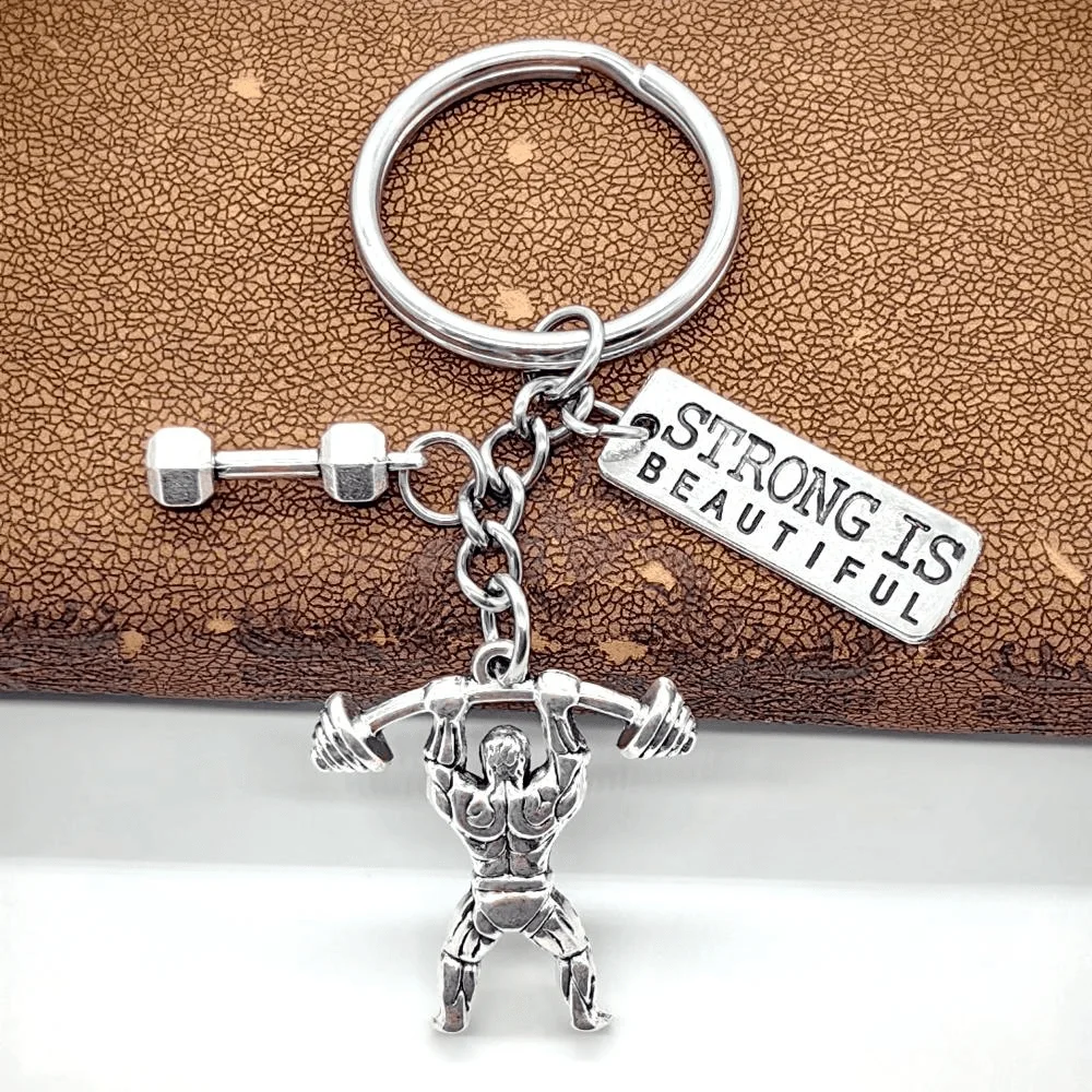 1Pc Workout Gym Keychain,Strong Is Beautiful Keychains,Barbell Dumbbell Weightlifter Kettlebell Exercise Pendant Charm Key Ring
