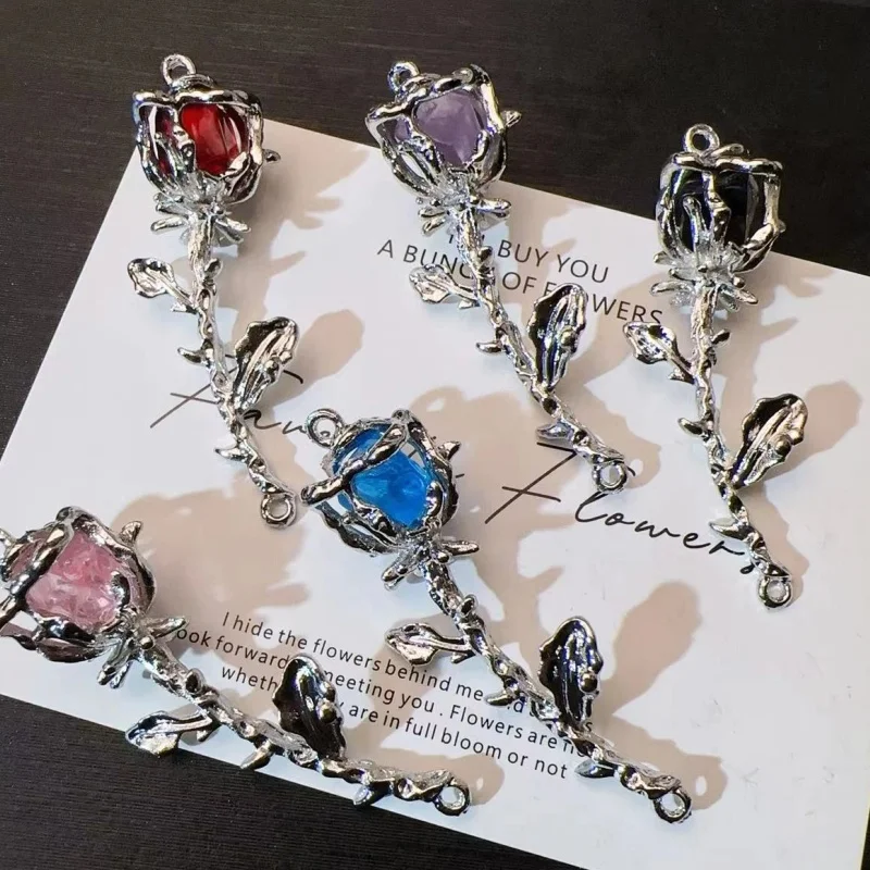 5/20PCS 3D Double Hanging Rose Branch Pendant Alloy Half Bracelet DIY Handmade Beaded Bracelet Necklace Accessories Pendant
