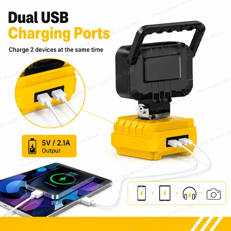 For Dewalt 18V Battery Portable LED Work Light Cordless Flood Light with USB Charging Port Cordless Outdoor Tool Lamp for Dewalt