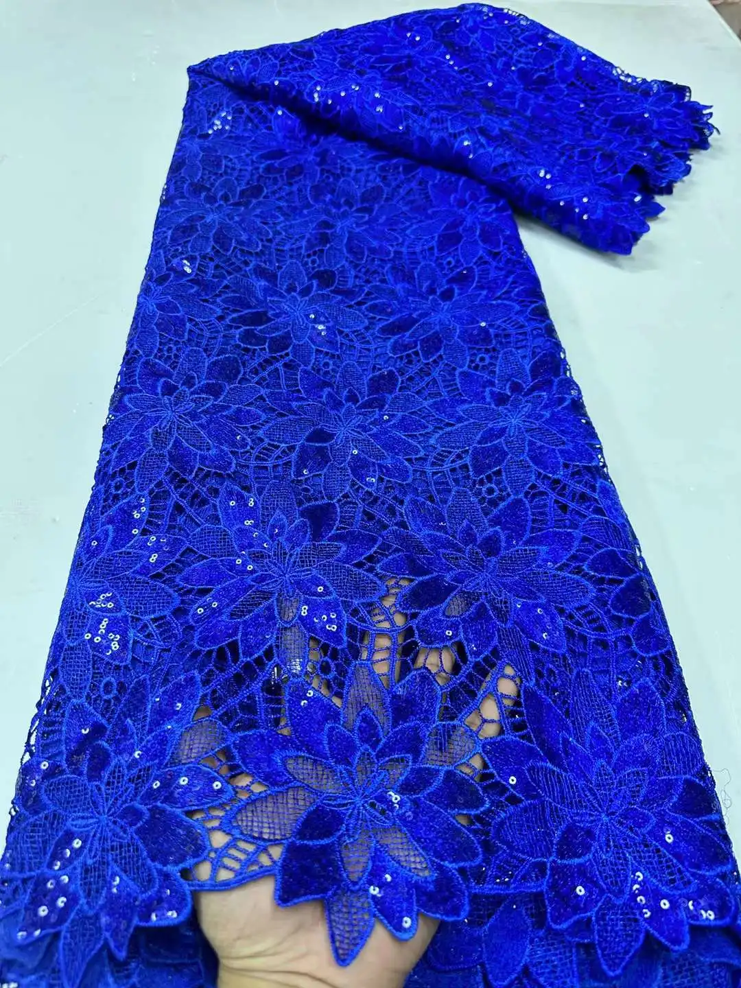 Royal Blue Guipure Cord Lace Fabric 2024 Latest African Guipure Embroidery Lace Fabric with Sequins Lace for Women Wedding Dress