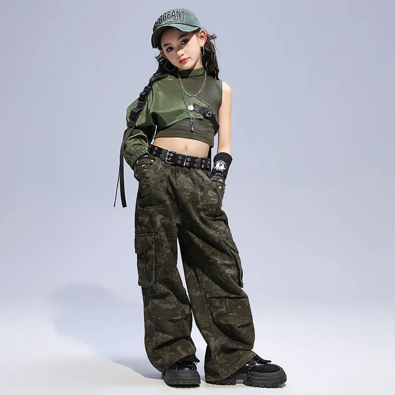 Kid Hip Hop Clothing Army Green Sleeveless Crop Jacket Tank Top Camo Casual Wide Cargo Pants for Girl Jazz Dance Costume Clothes view 3