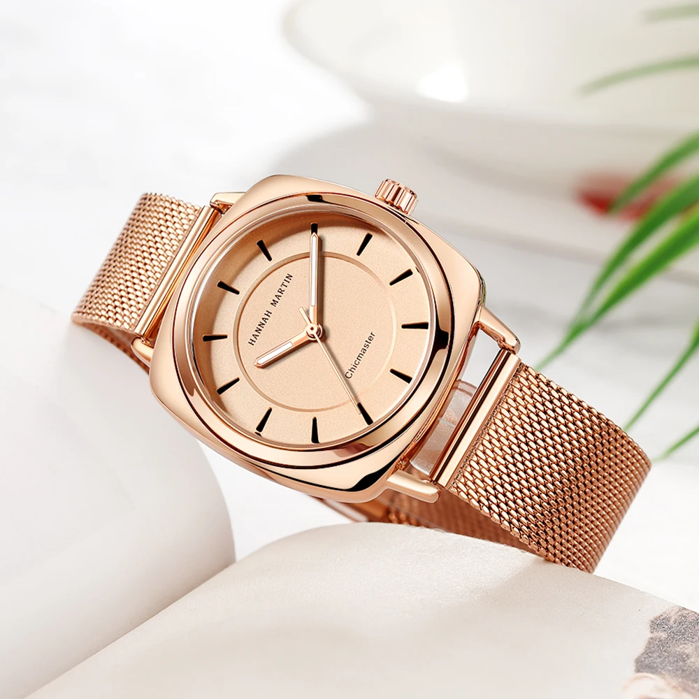 HANNAH MARTIN Women Watch 36MM Luxury Square Quartz Watches Stainless Steel Band Fashion Waterproof Watch for Women Reloj Mujer