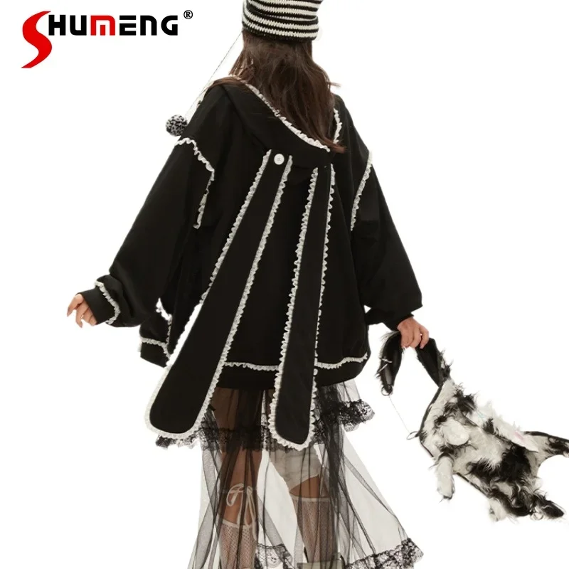 Japanese Original Lace Pattern Hooded Zipper Sweatshirts Y2k Clothes Kawaii Top Long Sleeves Black Color Zipper Sudadera Mujer