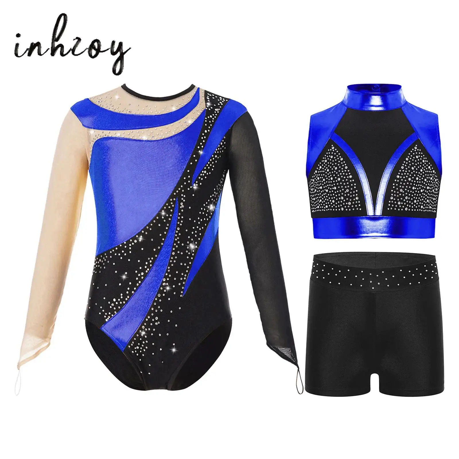 

3Pcs/Set Kids Girls Gymnastics Bodysuit Outfit Mock Neck Sleeveless Color Block Metallic Crop Top+Shorts+Long Sleeves Leotard