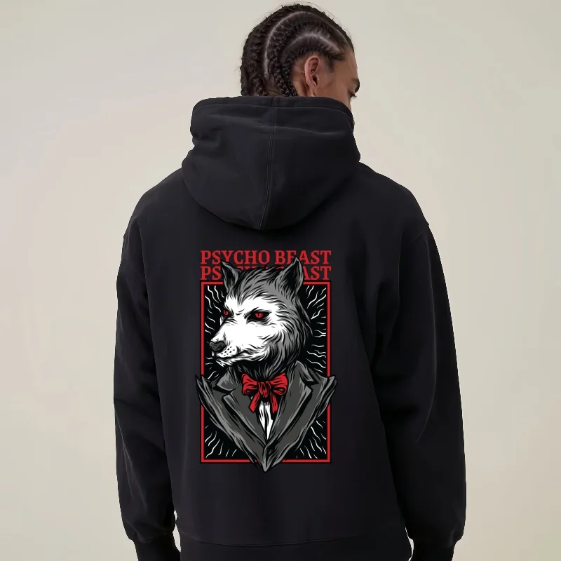 2025 Psycho Beast Wolf Head Graphic Hoodie, Dark Style Trendy Design, Loose Fit Casual  Streetwear for Men  harajuku  sweatshirt