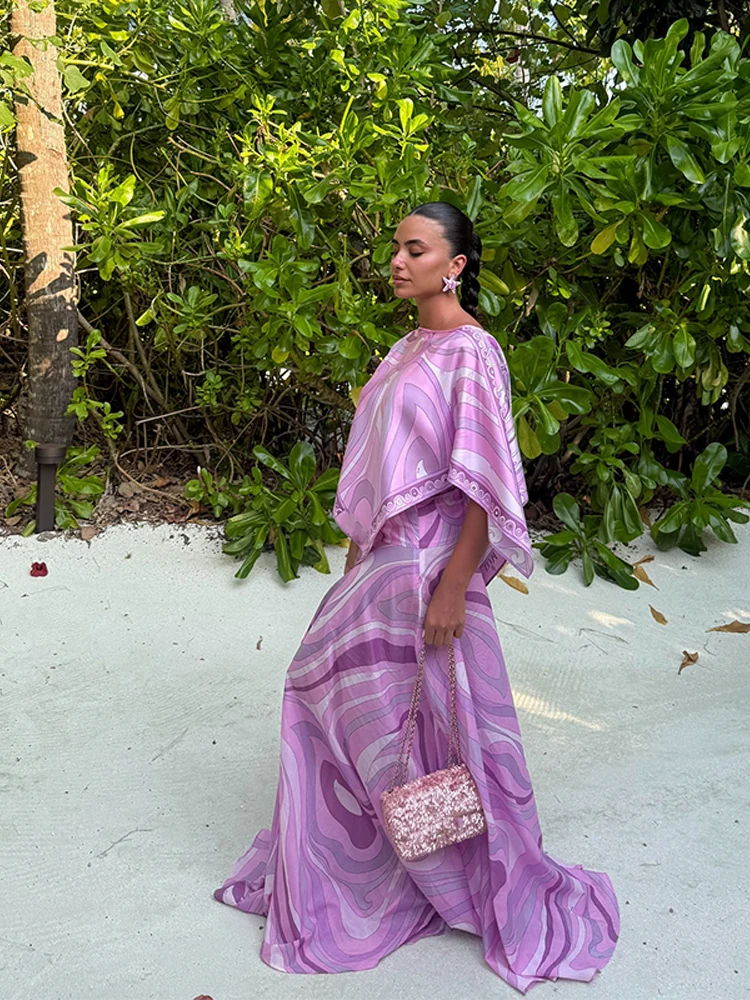 Bedruckter Cape-Langrock-Anzug für Damen, elegante Oberteile mit O-Ausschnitt und unregelmäßigem Saum, A-Linien-Röcke mit hoher Taille, schicke Partykleidung für Damen, neue Strandkleidung – Detail 18
