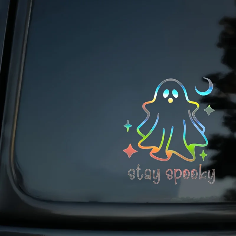 ملصق فينيل من Spooky Ghost: ملصق هالوين ذاتي اللصق، شبه غير لامع للسيارة والكمبيوتر المحمول وزجاجة مياه - استخدام فردي، شكل غير منتظم
