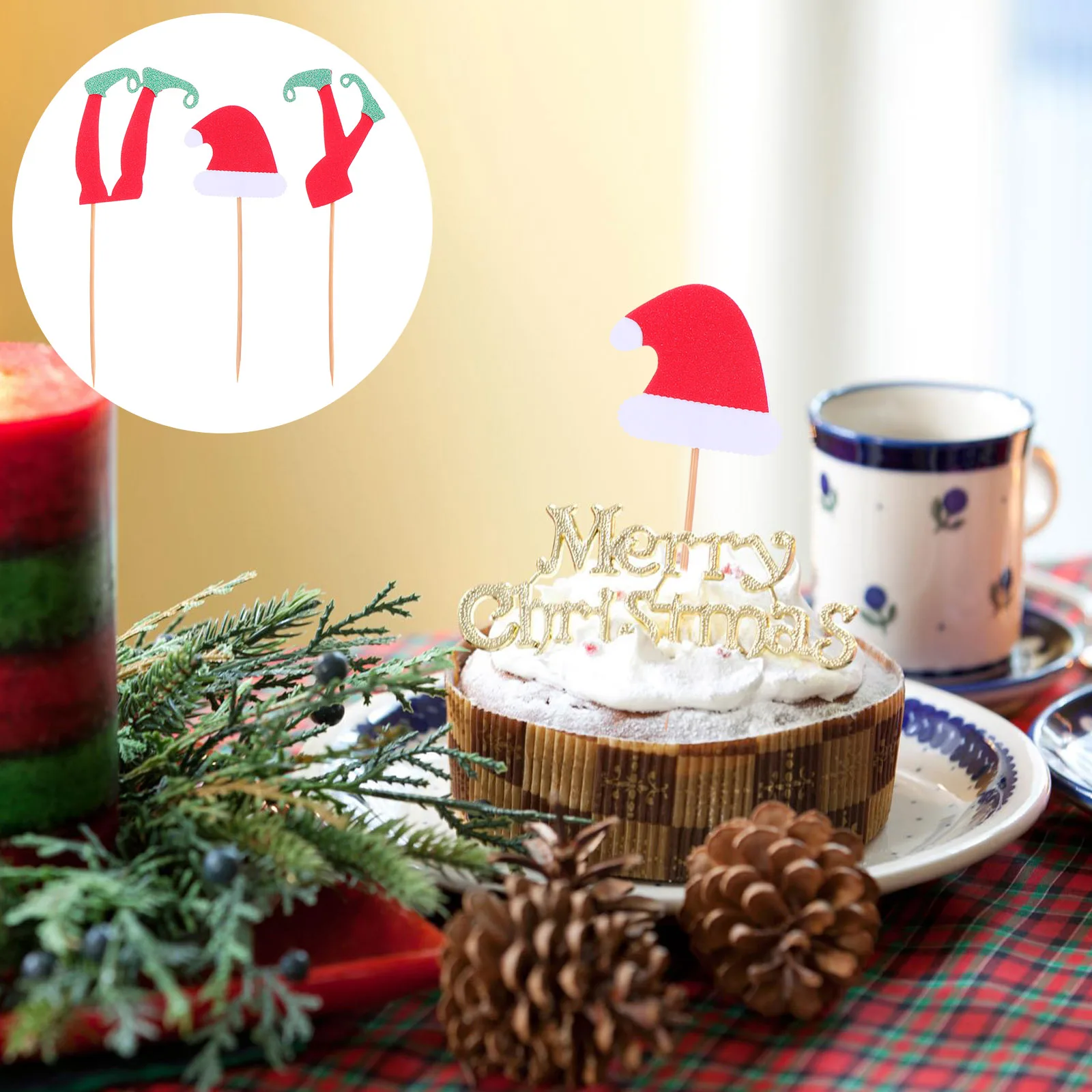 

36 pcs Glitter Christmas Elf Hat Foot Cake Toppers Picks Holiday Party Decor Baking Supplies Cake Decoration Sweet Treats