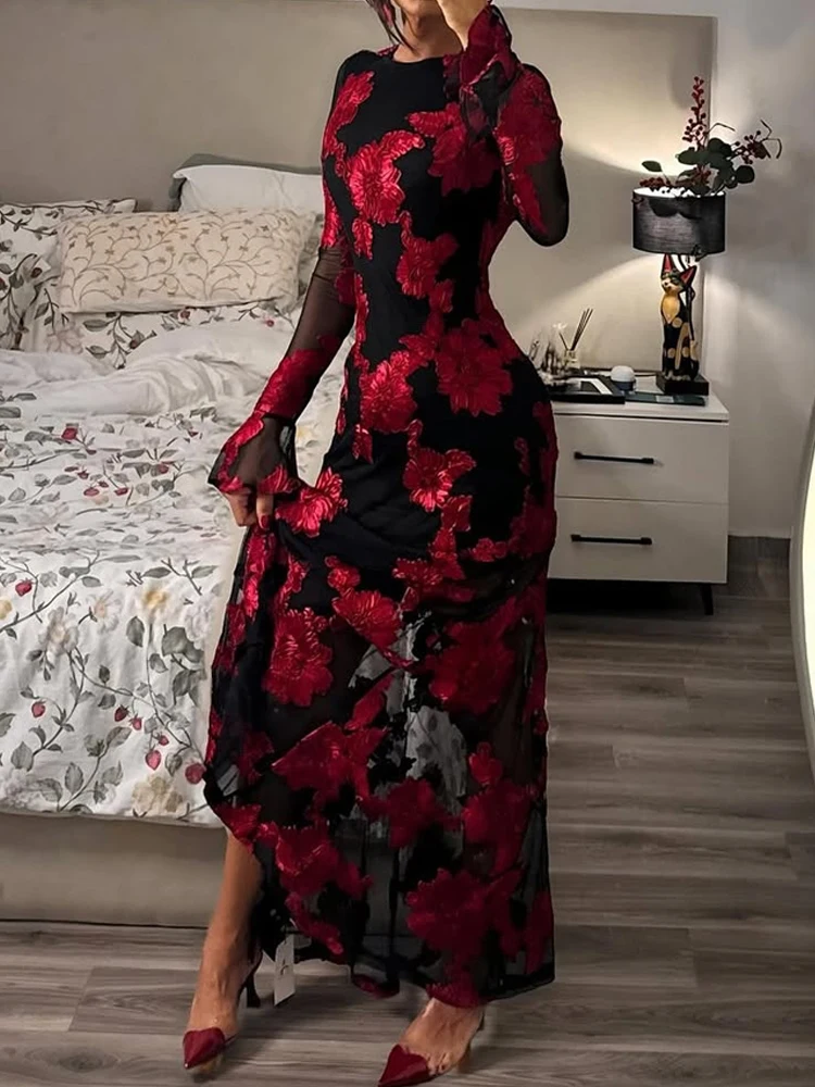 ชุดเดรสยาวทรงเข้ารูปลายดอกไม้แบบแจ็คการ์ด แฟชั่นสำหรับผู้หญิง ดีไซน์เซ็กซี่โชว์หลังเว้า  ชุดราตรีหรูหรา คอทรงโอ แขนยาว เหมาะสำหรับงานเลี้ยงตอนเย็น