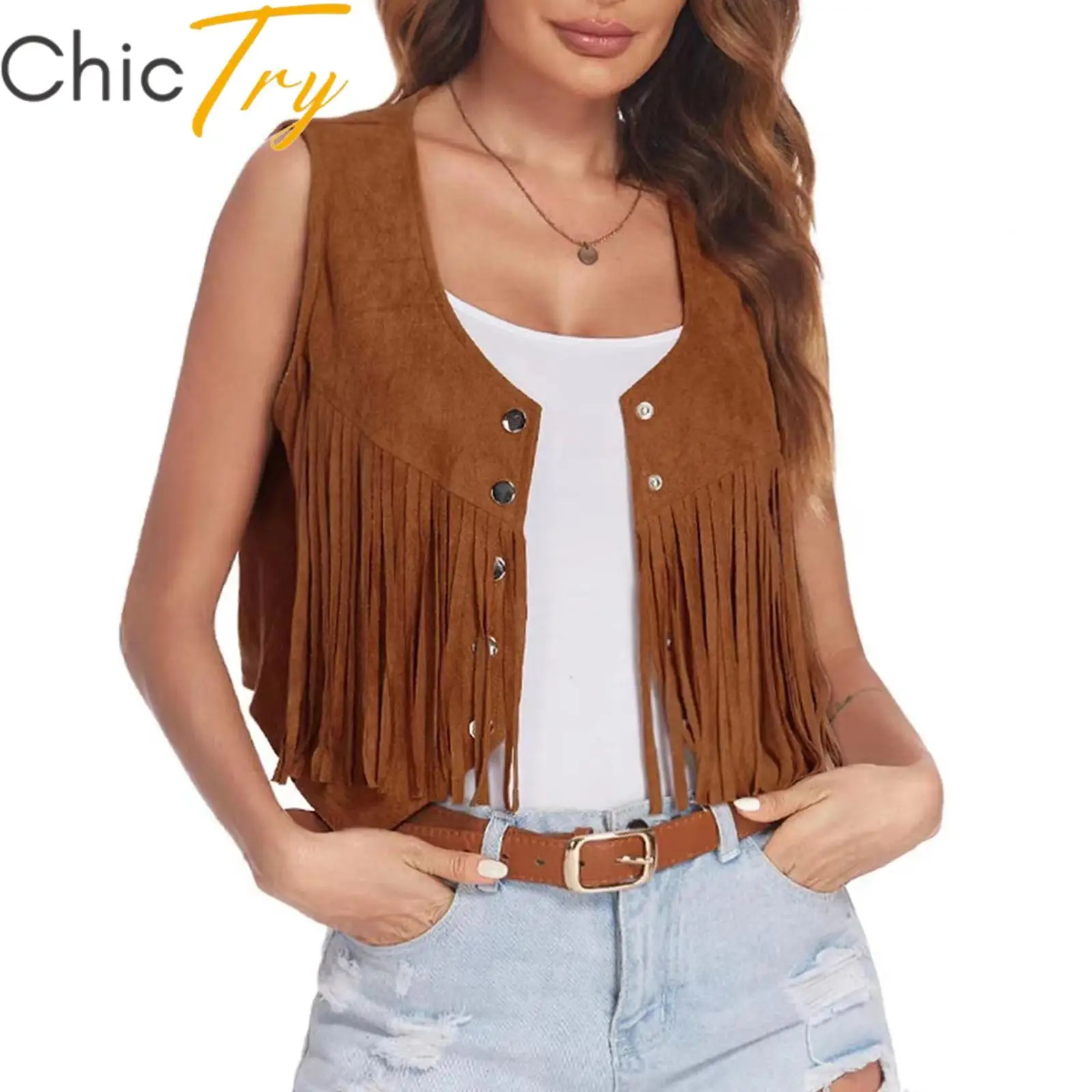 

Womens Tassels Fringed Western Cowboy Cowgirl Waistcoat Hippie Costume Jacket Coat Vest Tops Halloween Theme Party Rock Concert