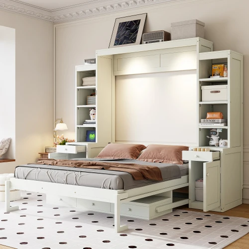 

# Size Modern Solid Wood Murphy Bed With Desk & Storage Space-Saving Wall Bed With Cabinets & Drawers White
