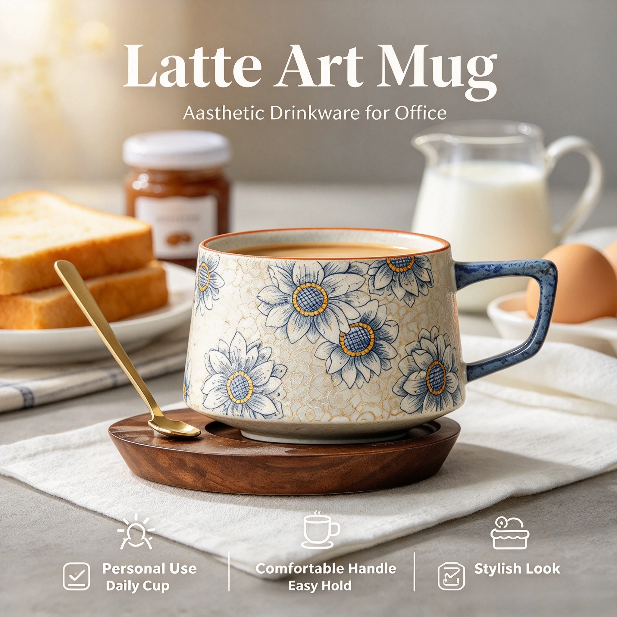Blue And White Ceramic Coffee Cup Red Cloud Sunflower Pattern Latte Art Mug Aesthetic Drinkware For Office Personal Use