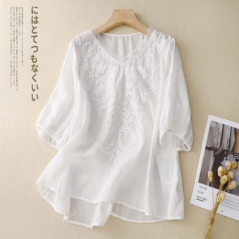 تي شيرت نسائي صيفي مطرز من القطن والكتان ort Sve تي شيرت نسائي صيفي أنيق irt قميص صغير جميل للتنقل Sle V-Ne