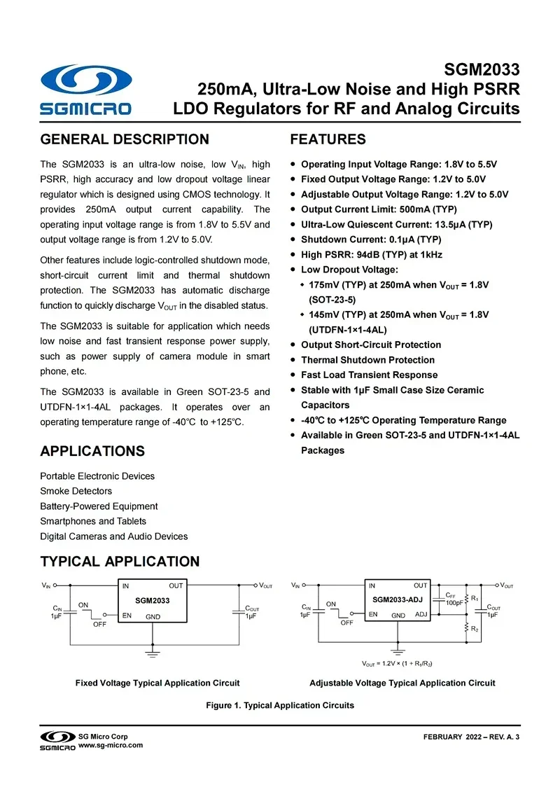 

50Pcs SGM2033-1.8XUDH4G/TR UTDFN-4,SGM2033,1.8V,250mA,Ultra-Low Noise and High PSRR LDO Regulators for RF and Analog Circuits