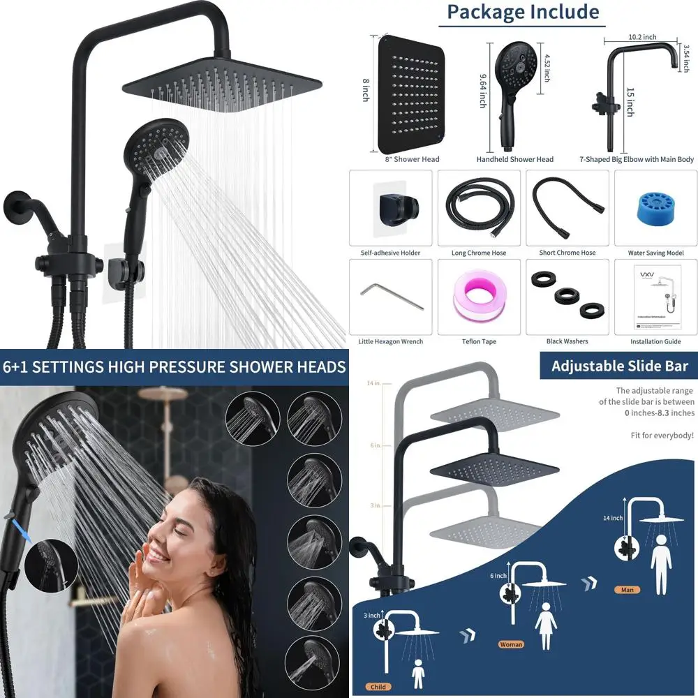

6-Function Matte Black Shower Combo: 8 Rainfall Head & Adjustable Handheld