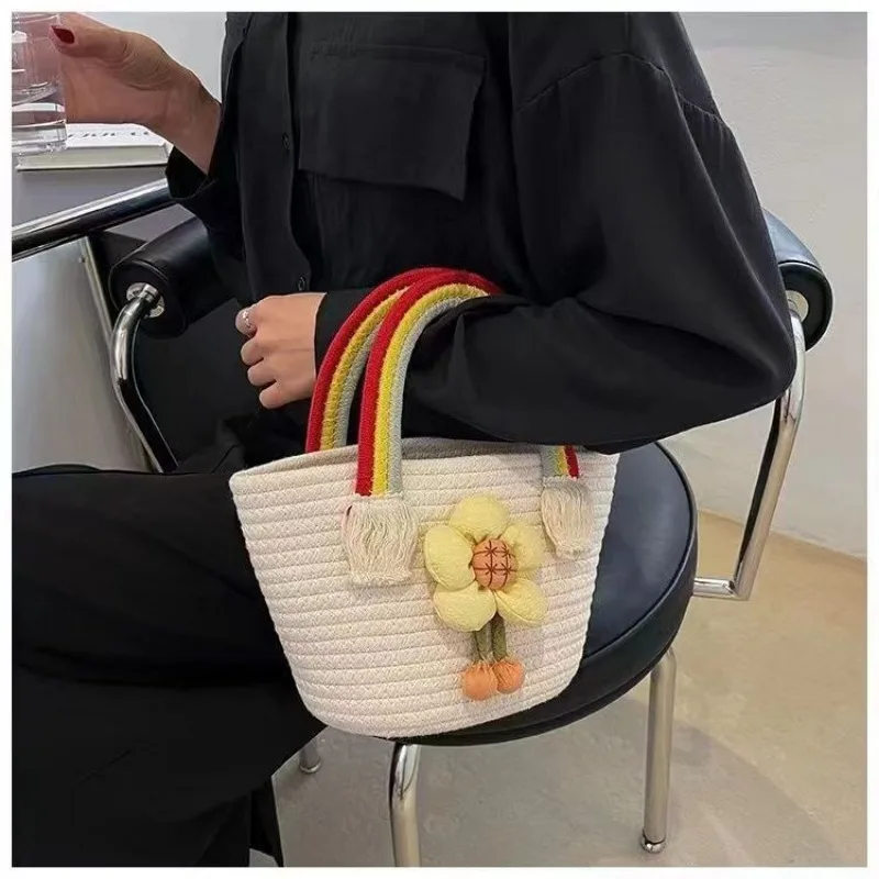 Flowers Rainbow Bags Cotton String Woven Partysu Handbag Wedding Gift Women\'s Bag All-Matching Western Style Hand Bag