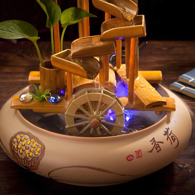 New Chinese ceramic running water fountain water feature lucky feng shui wheel creative bamboo running water table office orname - view 3