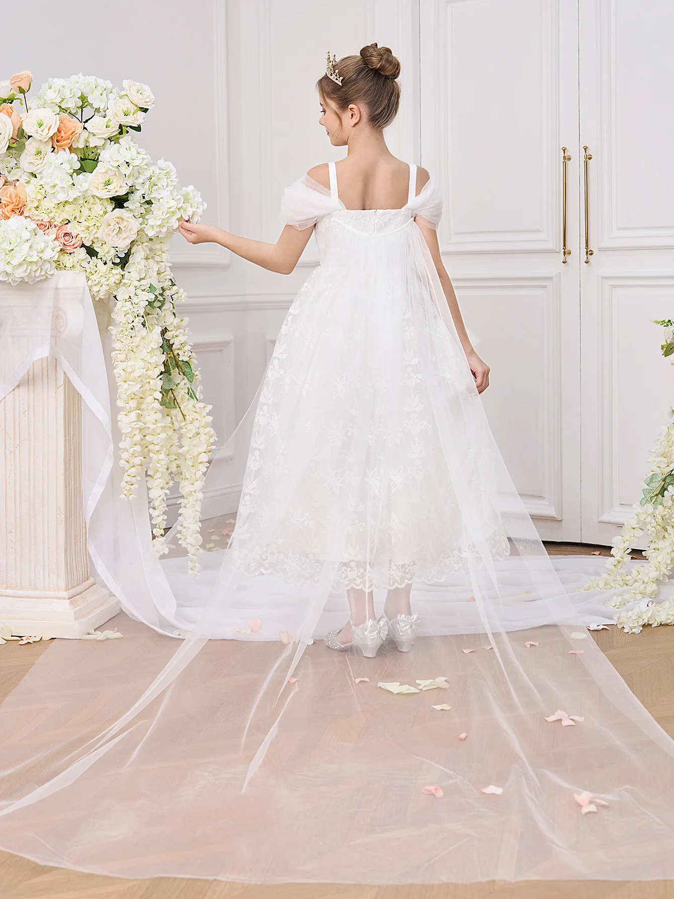 Elegant White Bridesmaid Party Girl Dress Fashion Tulle Wedding Baptism Birthday Prom Dress First Communion Princess Kid Clothes