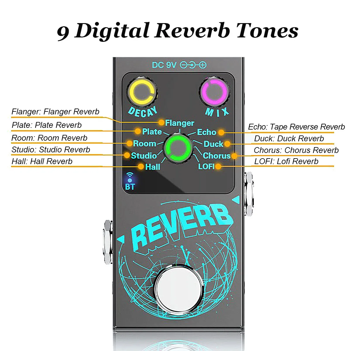 Miwayer Reverb Stereo Reverb Pedal – 9 Algorithms incl. Flanger/Echo/Studio, Mix & Decay Controls, BT 5.4, LED Glow - view 3