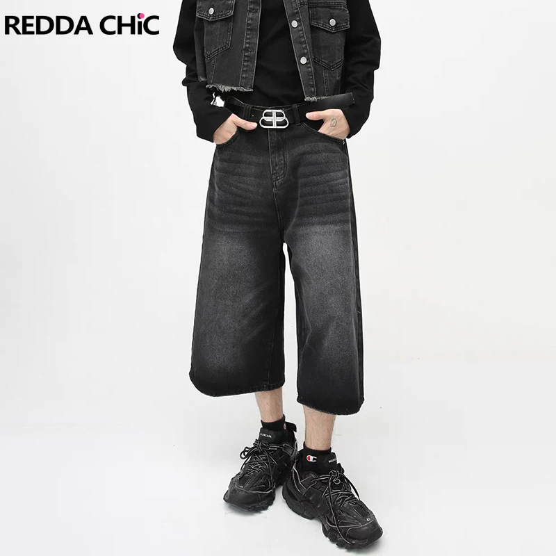 

REDDACHIC Vintage Whiskers Wide Denim Shorts Men Black Wash Distressed Low Waist Baggy Jeans Jorts Cleanfit High Street Clothes