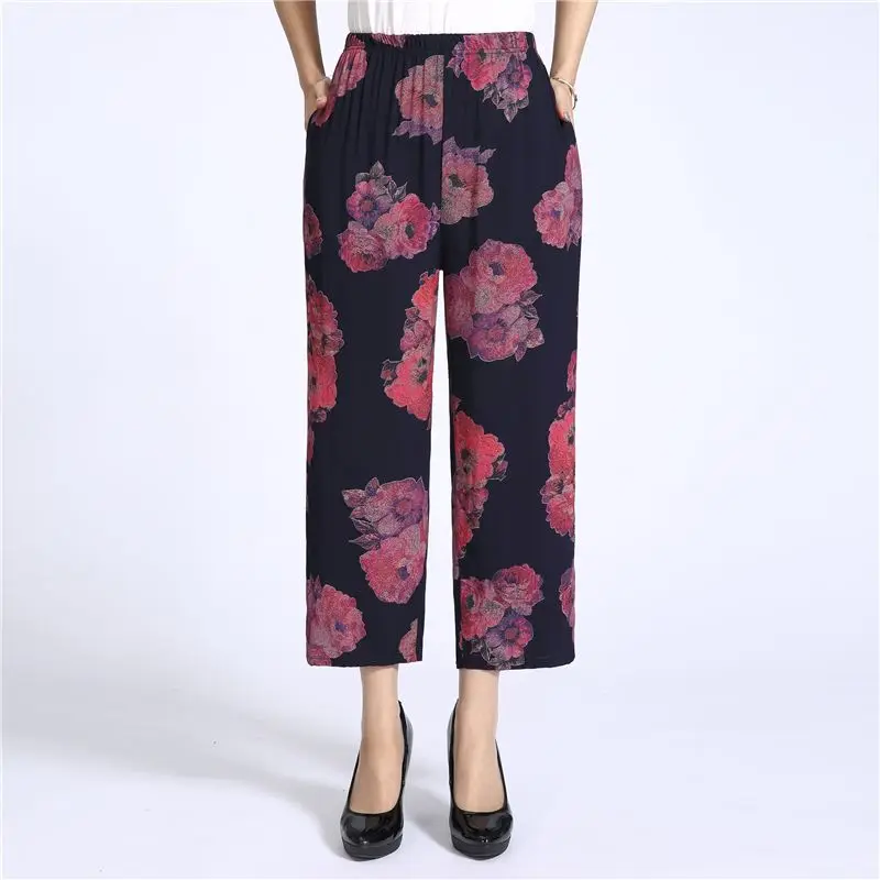 Middle Aged And Elderly Women's Pants 2024 Summer Thin Cropped Pants Elastic High Waist Casual Printed Straight Trousers