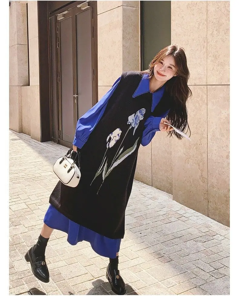 

Knitted Sleeveless Dresses Long Womens Winter Chunky Spliced Hollowing Half-Open Ribs Mid-Length Wide Collar Crew Decorative Ins