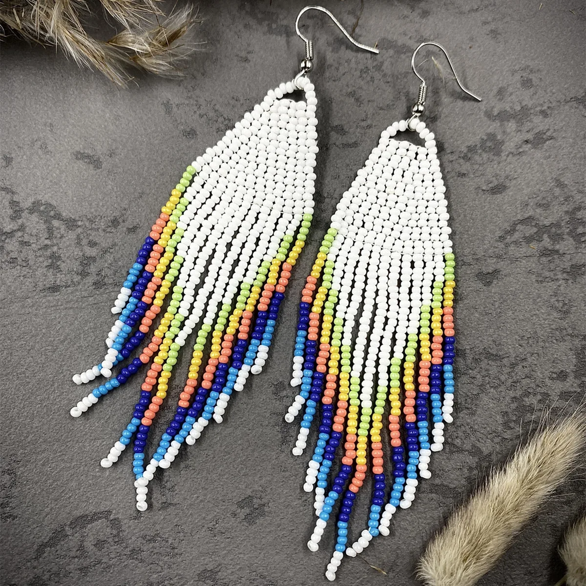 ZGMXR Rice Bead Earrings  Hand knitting  Retro  Beaded  rainbow  personality  Bohemia  geometry  alloy ma'am Tassel Earrings