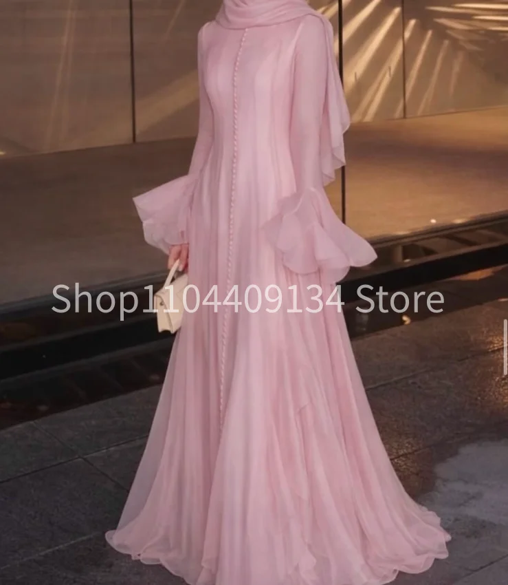 Rose Pink Muslim Formal Evening Gown Long-sleeved Kaftan Button Detail Saudi Arab Women Prom Dress 2026 Customized فساتين سهرة