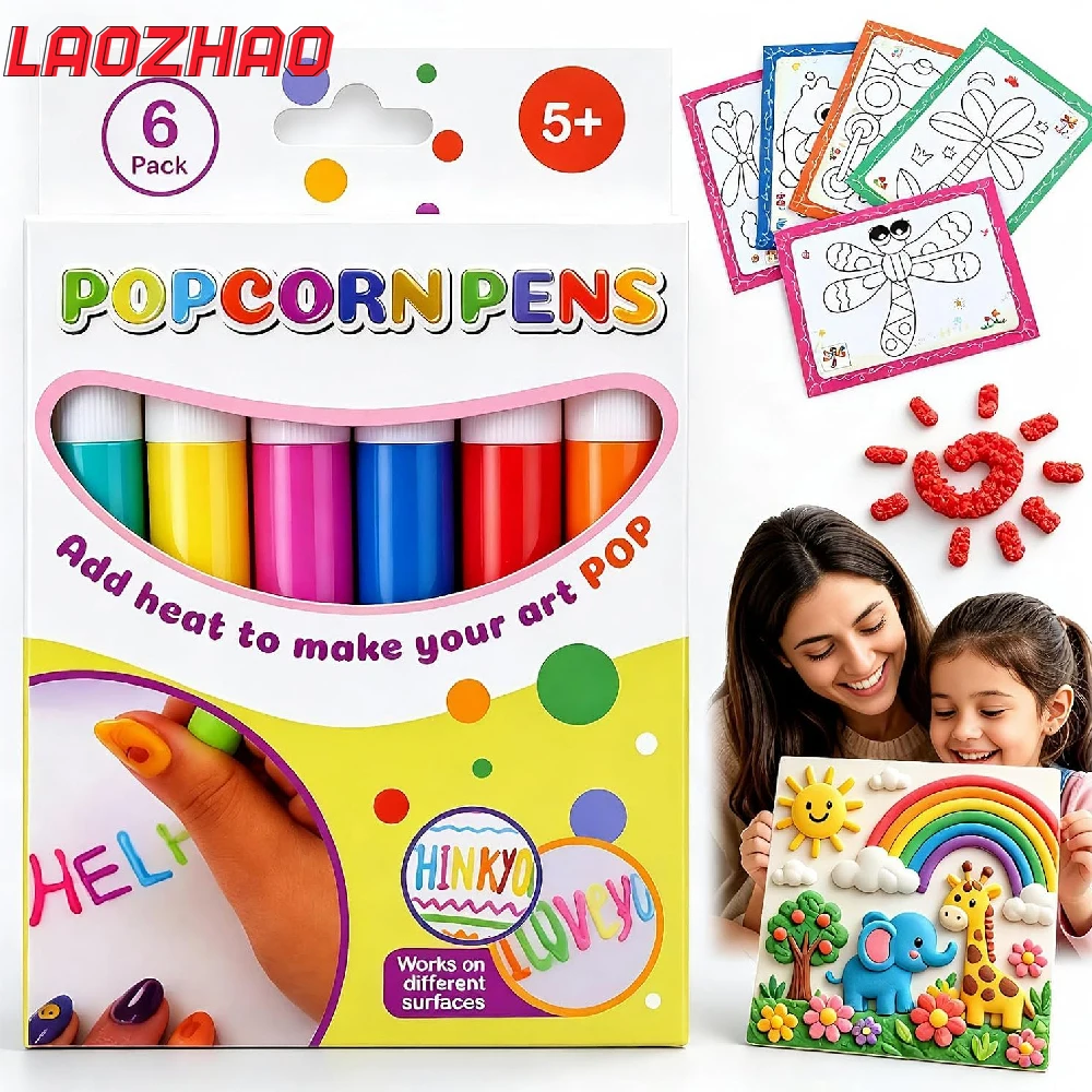 6PCS Popcorn 3D Bubble Drawing Pens – DIY Puffy Art Kit for Kids, Colorful Watercolor Effect Pens for Drawing, Coloring & Crafts