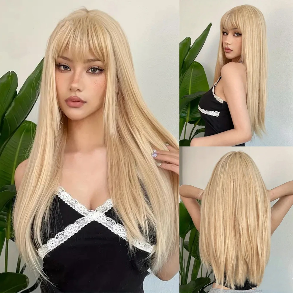 

Natural Black Blonde Brown Long Straight Wig with Bangs 180% Density Layered Silky Synthetic Adjustable Cap For Women Daily Use