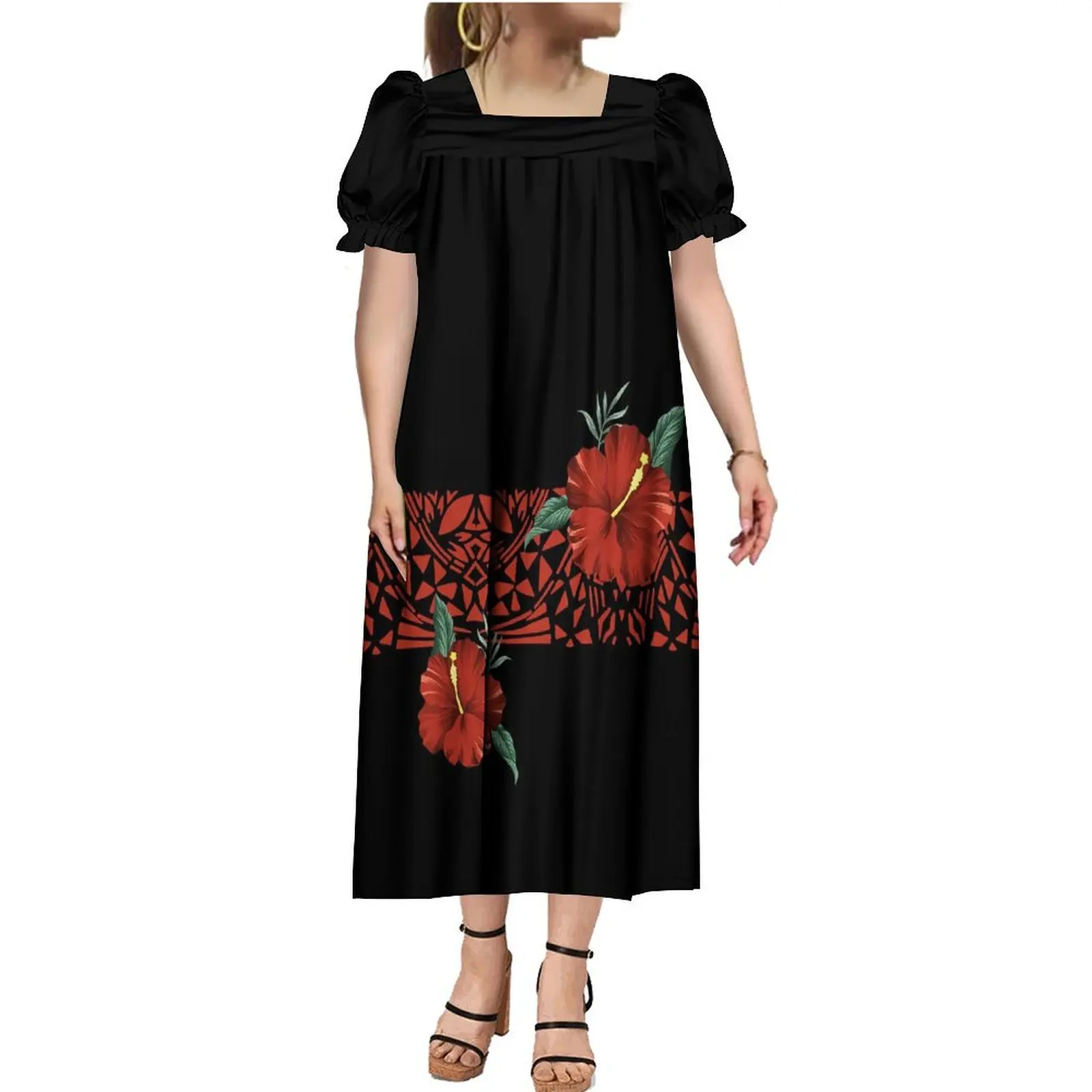 Women Customized Printed Dress Pacific Island Style Red Samoa Long Dress Polynesia Floral Pattern Dress Mumu Micronesia Style