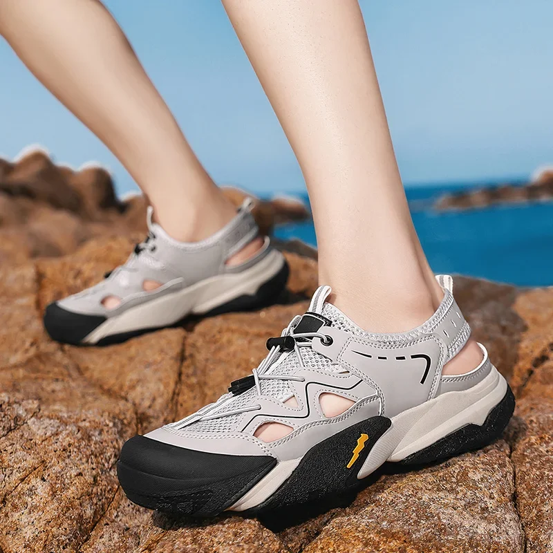 

Мужская сетчатая обувь с регулируемыми ремешками и нескользящей подошвой, пляжная обувь, удобные летние уличные универсальные водные сандалии