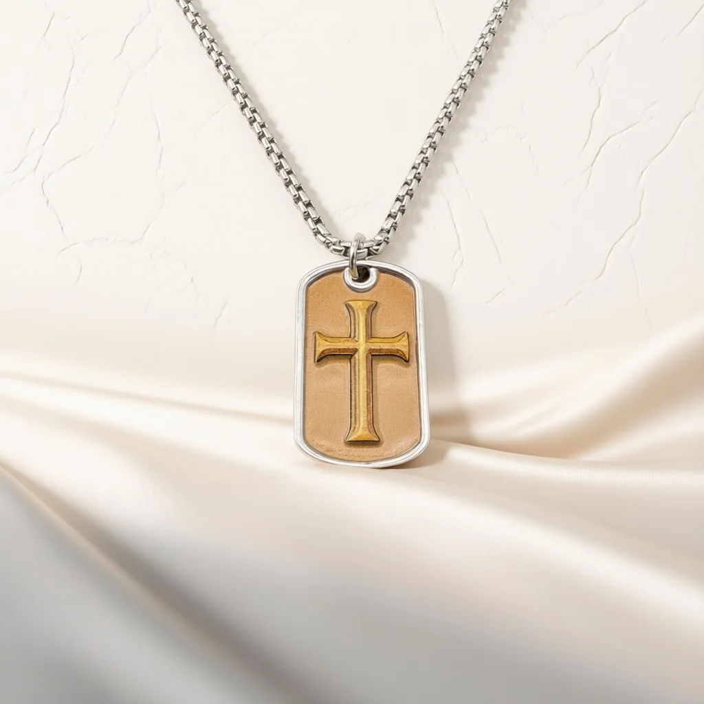 Two‑Tone Enamel Tag Pendant Necklace, Embossed Cross Rectangle Dog Tag Clavicle Chain, Retro Fashion Jewelry Gift for Men Women