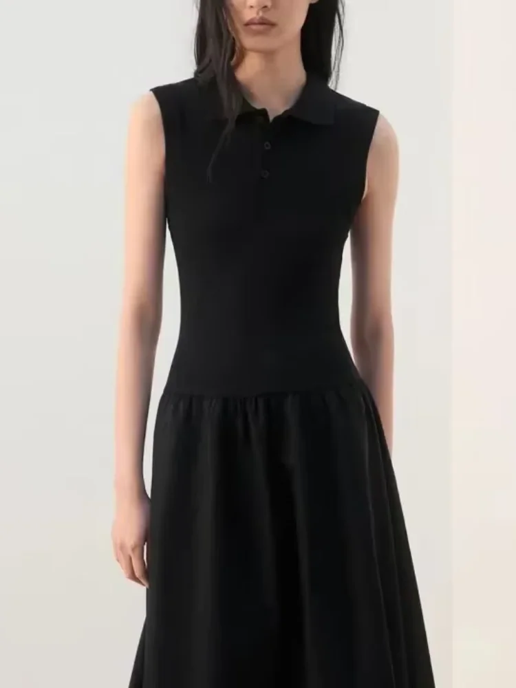 

Women Casual Black Lapel Knitted Dress Chic Solid Sleeveless Pleated A-line Maxi Vestidos Lady Daily Commute Street 2026 Gowns