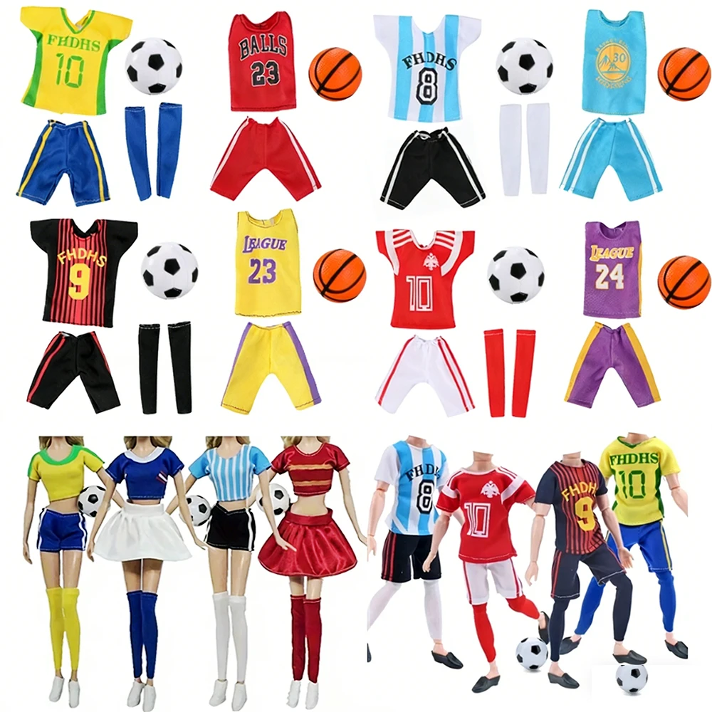 30cm/11.8-inch 2026 Doll Football Basketball Jersey 4pcs Set + 2 Balls Sports Outfit Sports Event Doll Accessory Clothing