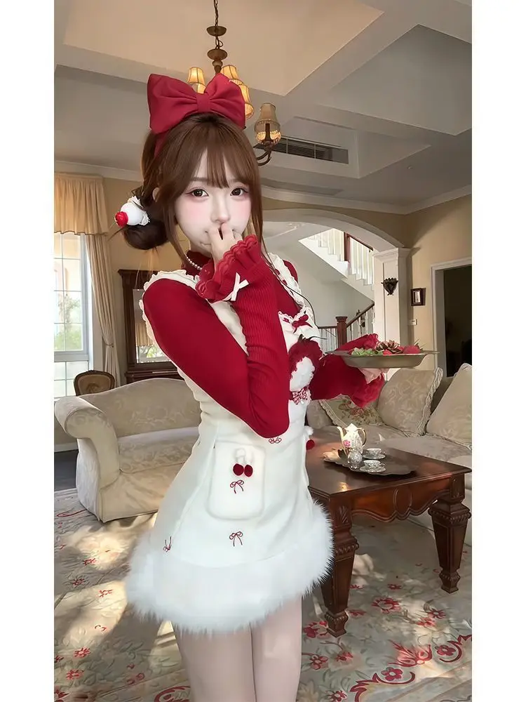

Female Korean Popular ​Clothes Spring Knit Sweet Sweet Lolita Elegant 2 Piece Sets Women Red Design Pullovers+ Print Chic Dress
