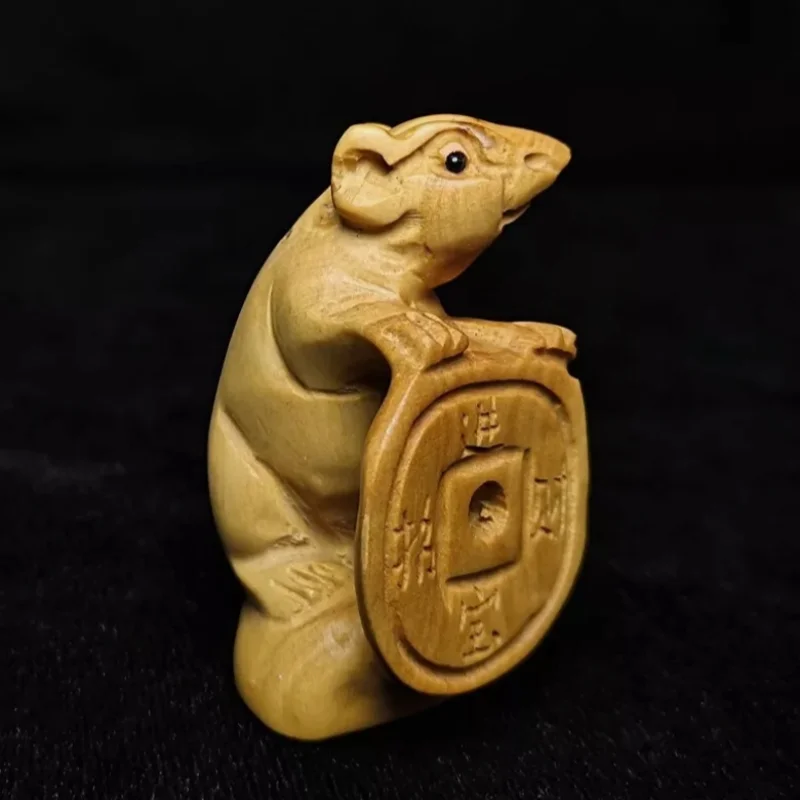 2.2 Inch Hand carved Boxwood Money Coin Mouse Figurine Statue Netsuke Collection