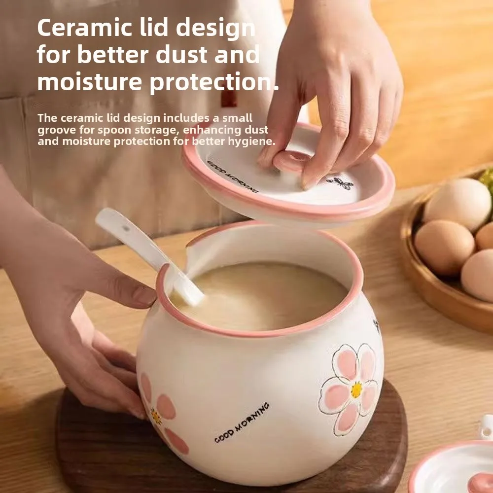 

Japanese Style Ceramic Pig Fat Jar with Lid And Spoon Kitchen Storage Container High Temperature Resistant Seasoning Bottle