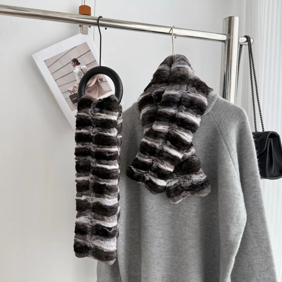 Chinchilla Color Real Rex Rabbit Fur Scarf Women's Autumn Winter Fluffy Soft Neck Warmer Warm Fur Scarves