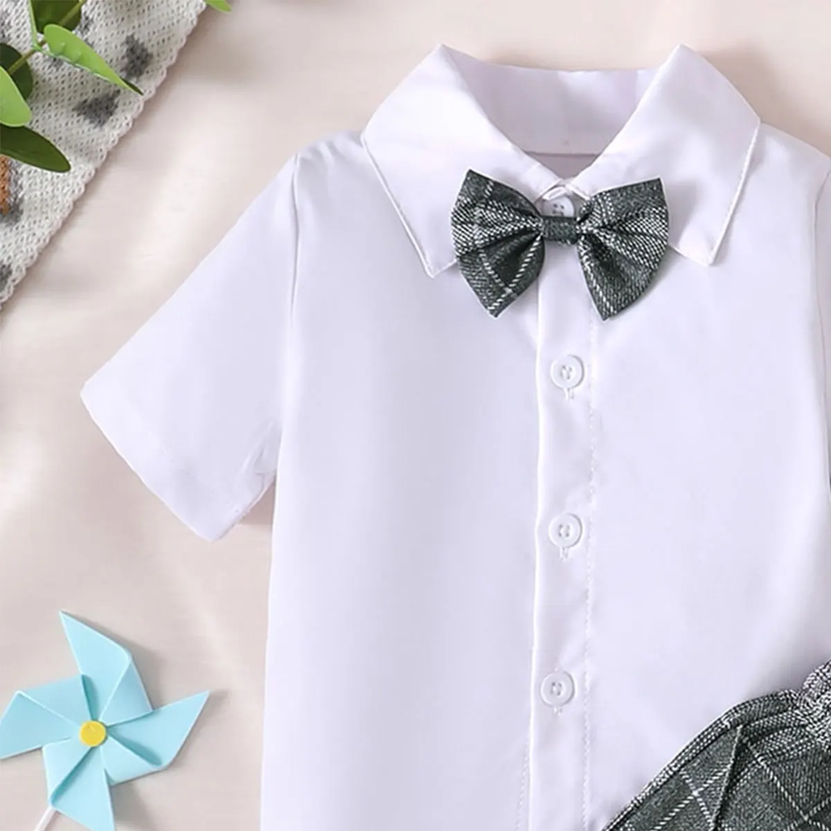 6-to 36-month-old newborn baby boys summer white lapel cardigan short-sleeved tie with plaid suspenders shorts gentleman suit