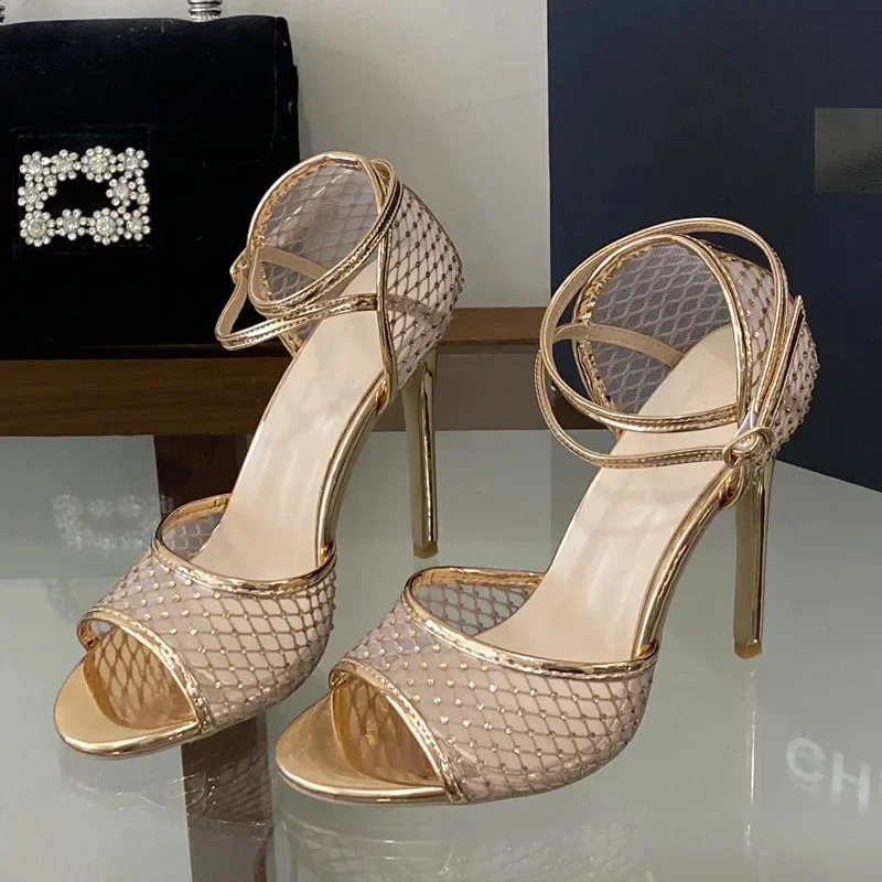 

Aneikeh Fashion Women's Gold Mesh Rhinestone High Heel Sandals Open Toe Crisscross Ankle Strap Stiletto Party Dress Shoes