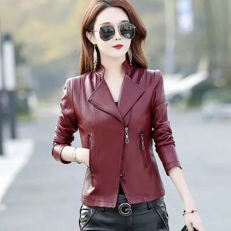 

Short Leather Jackets Women's 2022 New Spring Autumn Slim Lapel Zipper Long Sleeve Waist Fashion Jackets Oversize M-4XL Outwear