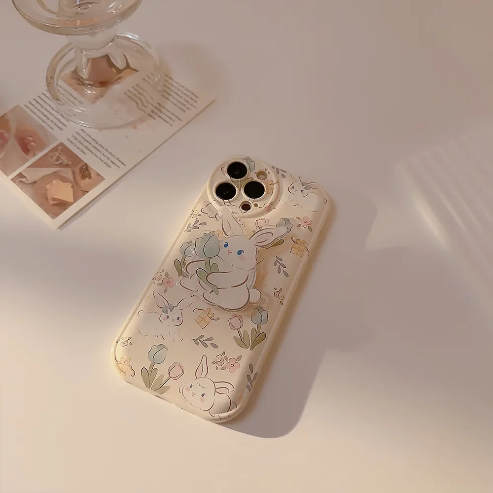 Funda de teléfono con soporte de conejo de dibujos animados para iPhone, carcasa suave y bonita para iPhone 15, 14, 13, 12, 11 Pro Max, Xr, X, 15, 14 Plus