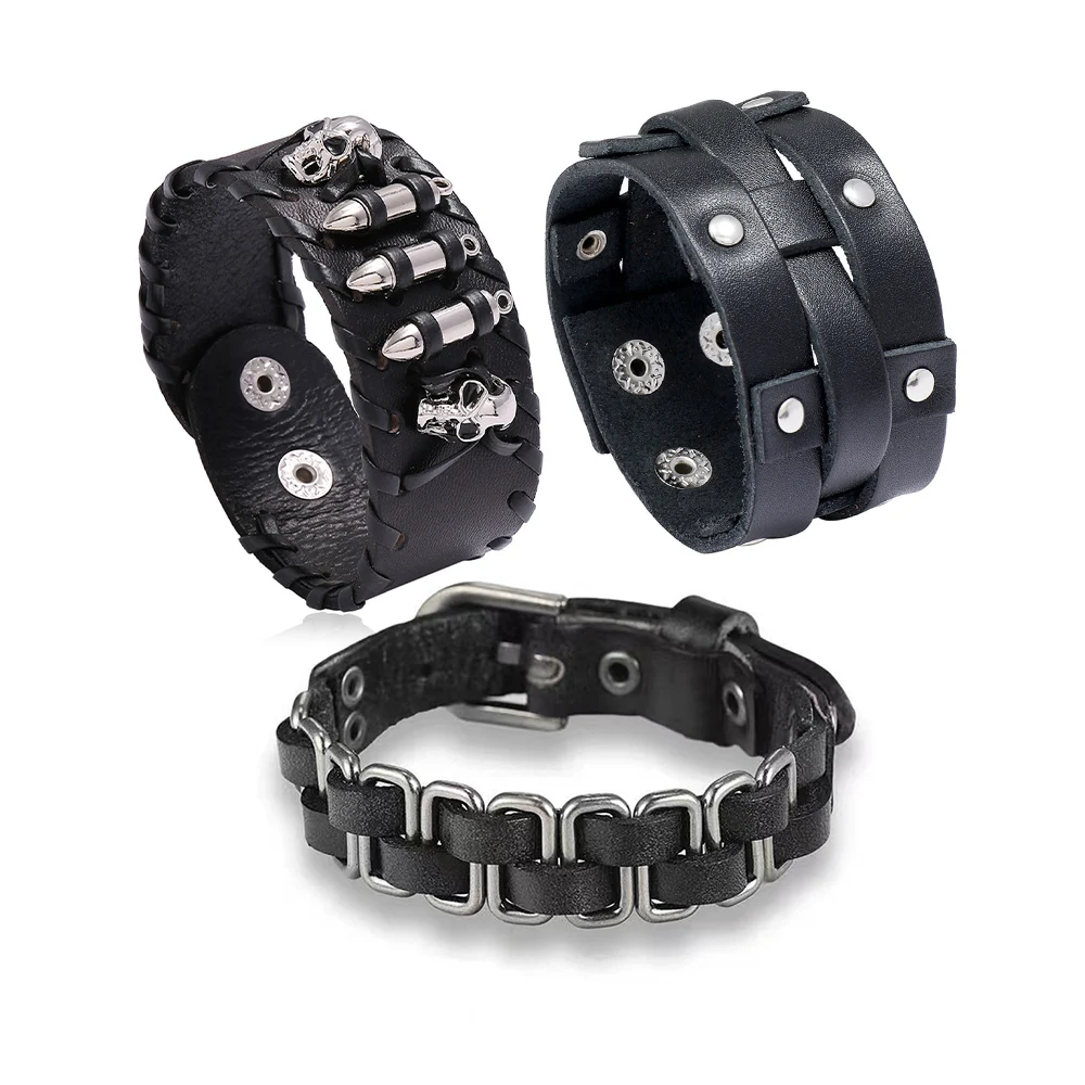 2024 New Weave Punk Rock Metal Rivet and Skull Accessories Pu Leather Cuff Bracelet Bangle