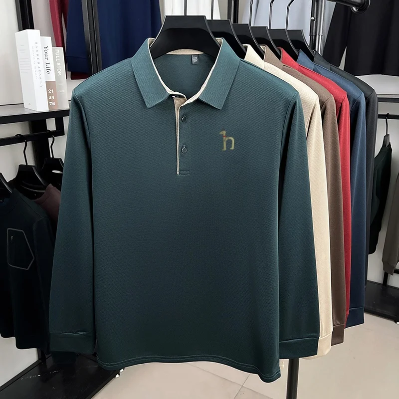High End Quality Men's Original Print Polo Shirt Autumn Trendy Pure Color Lapel Long Sleeve T-shirt Business Casual Men's Wear