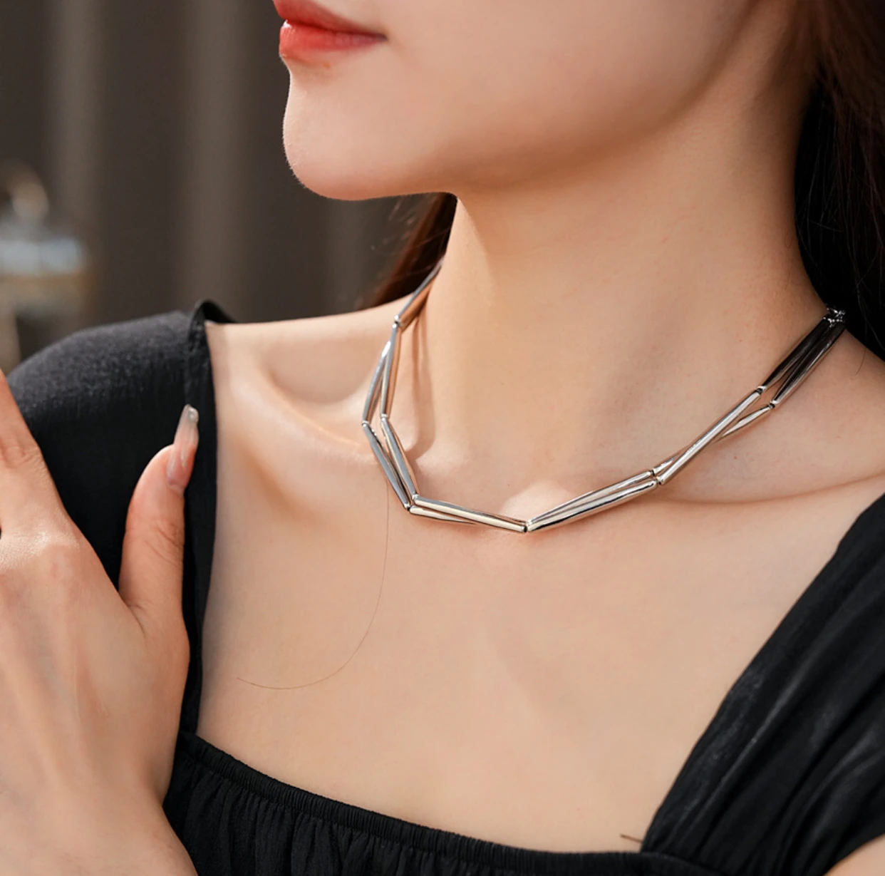 48cm Metal Wind Geometric Double Layer Necklace Fashionn Simple Collar Chain Luxury High-end Feeling Simple Necklace for Women