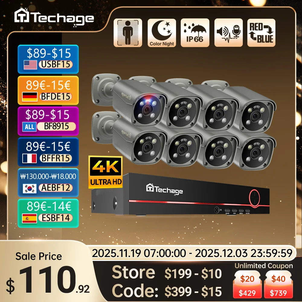 Techage H.265 8CH 5MP 8MP 4K sistema de cámara POE AI a todo Color visión nocturna detección facial vídeo CCTV Kits de vigilancia de seguridad