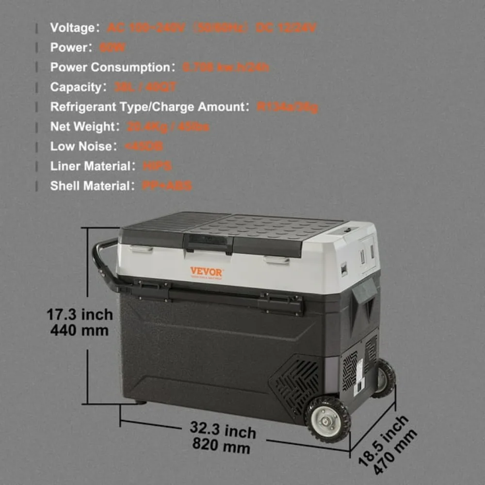 40Qt Car Refrigerator, 12v Portable Freezer with Dual Zone, 12/24V DC & 110-240V AC Electric Cooler with -4℉-50℉ Cooling Range