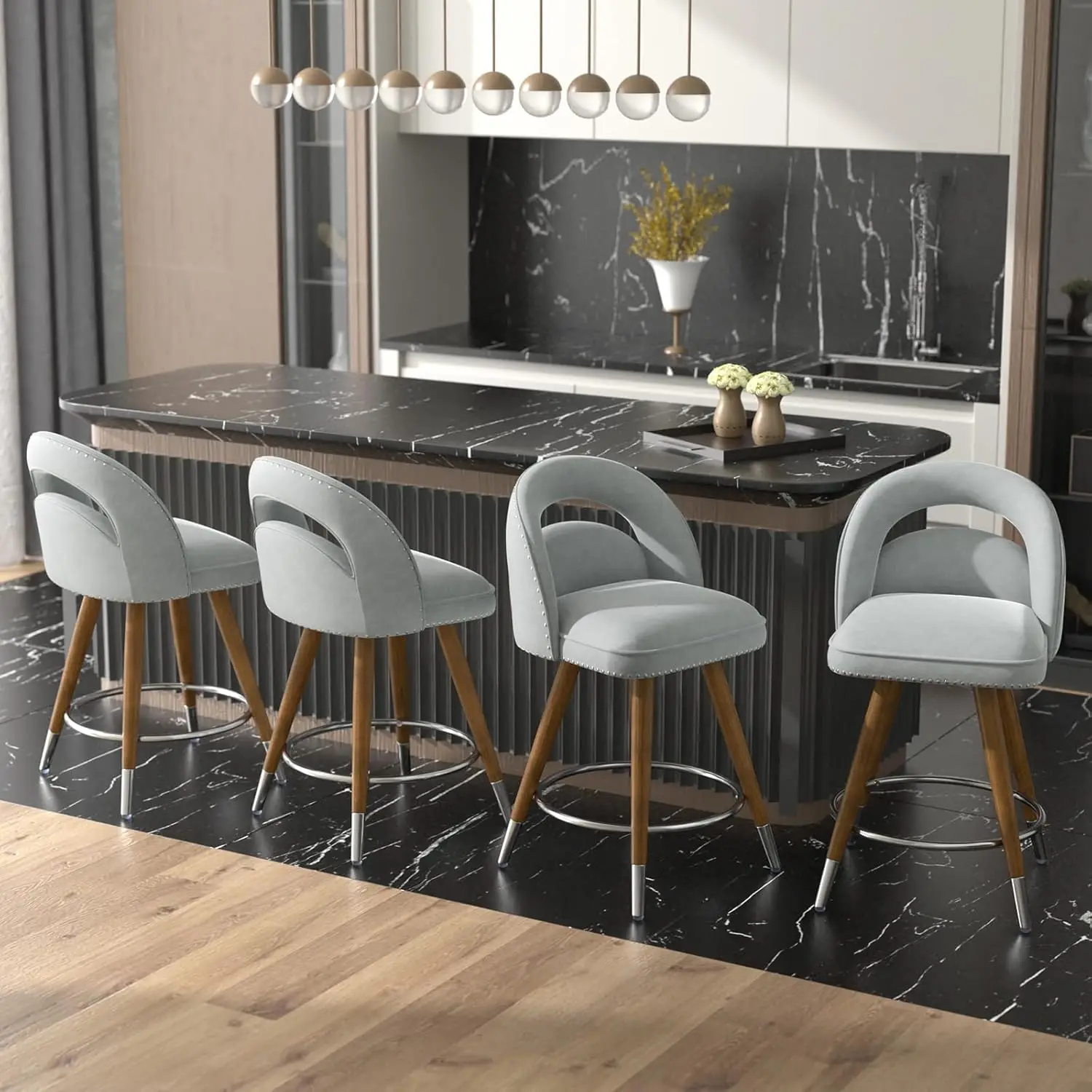 

GYI Counter Height Bar Stools Set of 4, 24 Inch Swivel Bar Stools with Backs&Solid Wood Legs, Upholstered Grey Barstools